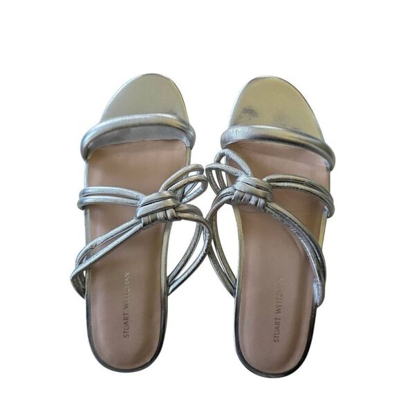 Stuart Weitzman Flat Sandals Size 7 Silver Leather Open Toe - Picture 4 of 6